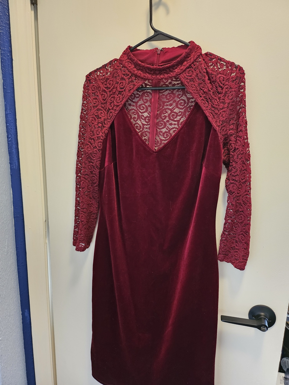 MARINA Burgundy Velvet Dress with Lace Sleeves